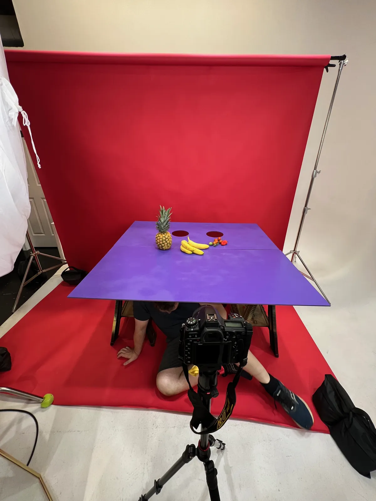 The set seen from behind the camera and tripod.