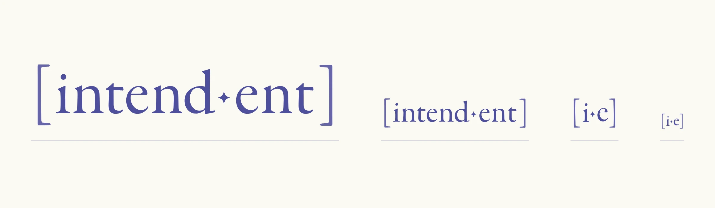 The Intendent logo stepping down in size: the full [intend·ent] wordmark with its AI sparkle, a smaller wordmark, then the short mark [i·e] at two small sizes.