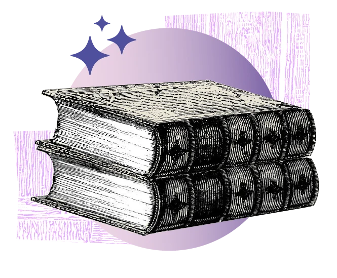 Documents illustration: a stack of engraved books over a purple wash, with sparkles.