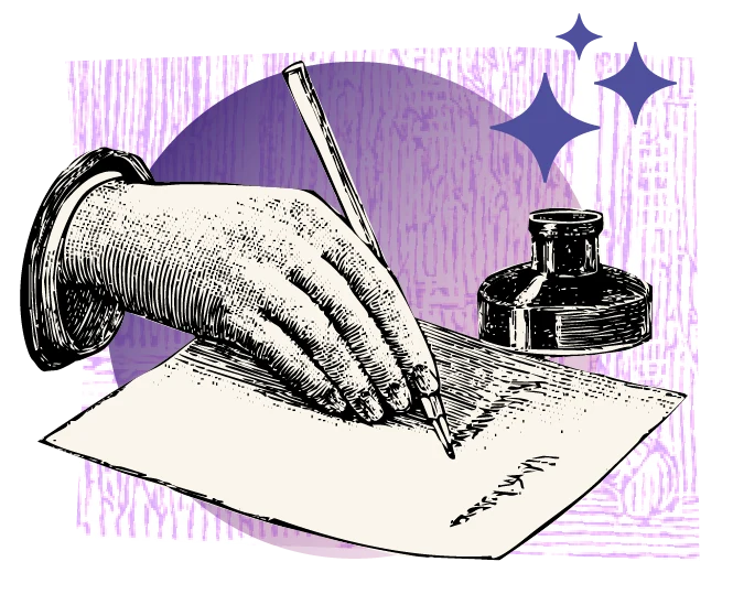 Surveys illustration: an engraved hand writing with a quill beside an inkwell.
