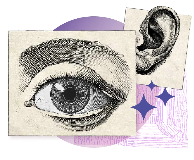 Visits illustration: an engraved eye and ear collaged with cards and the bracket mark.