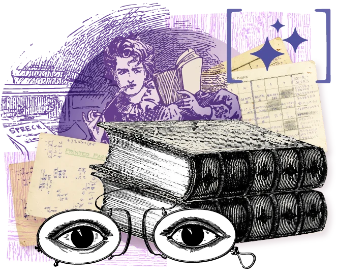 An empty-state illustration for documents: books, spectacles and a figure reading.
