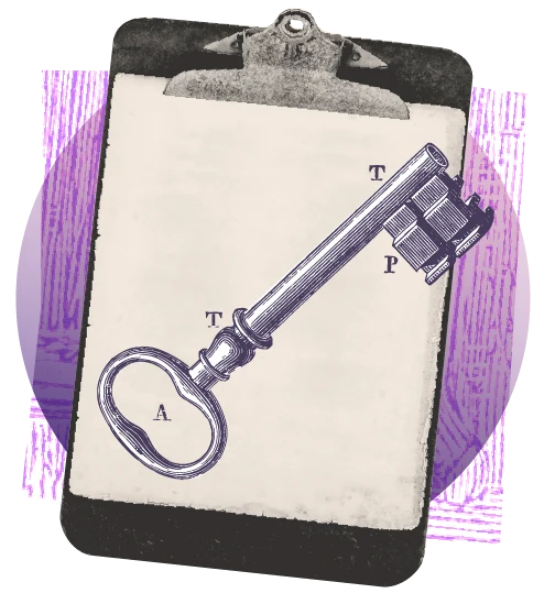 Entry plan illustration: an engraved key on a clipboard.