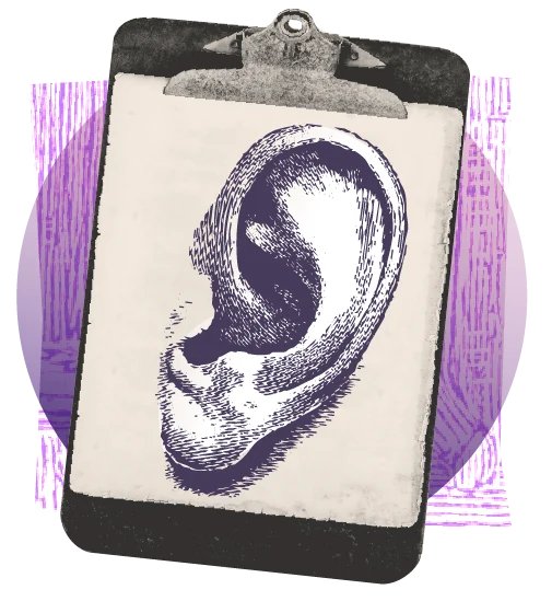 Learning plan illustration: an engraved ear on a clipboard.