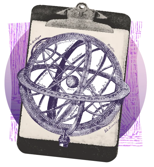 Strategic plan illustration: an engraved armillary globe on a clipboard.