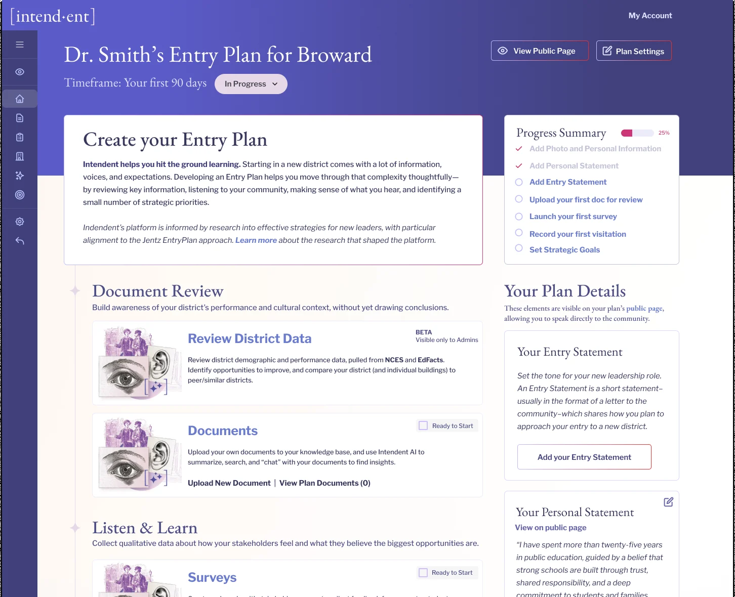 The plan home screen for a sample entry plan, with steps for document review, surveys, visits, sensemaking and goals, and a progress summary.