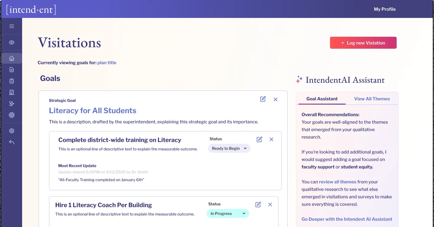 The goals screen: a strategic goal with measurable outcomes and statuses, beside the Intendent AI assistant's feedback on how well the goals match the themes.