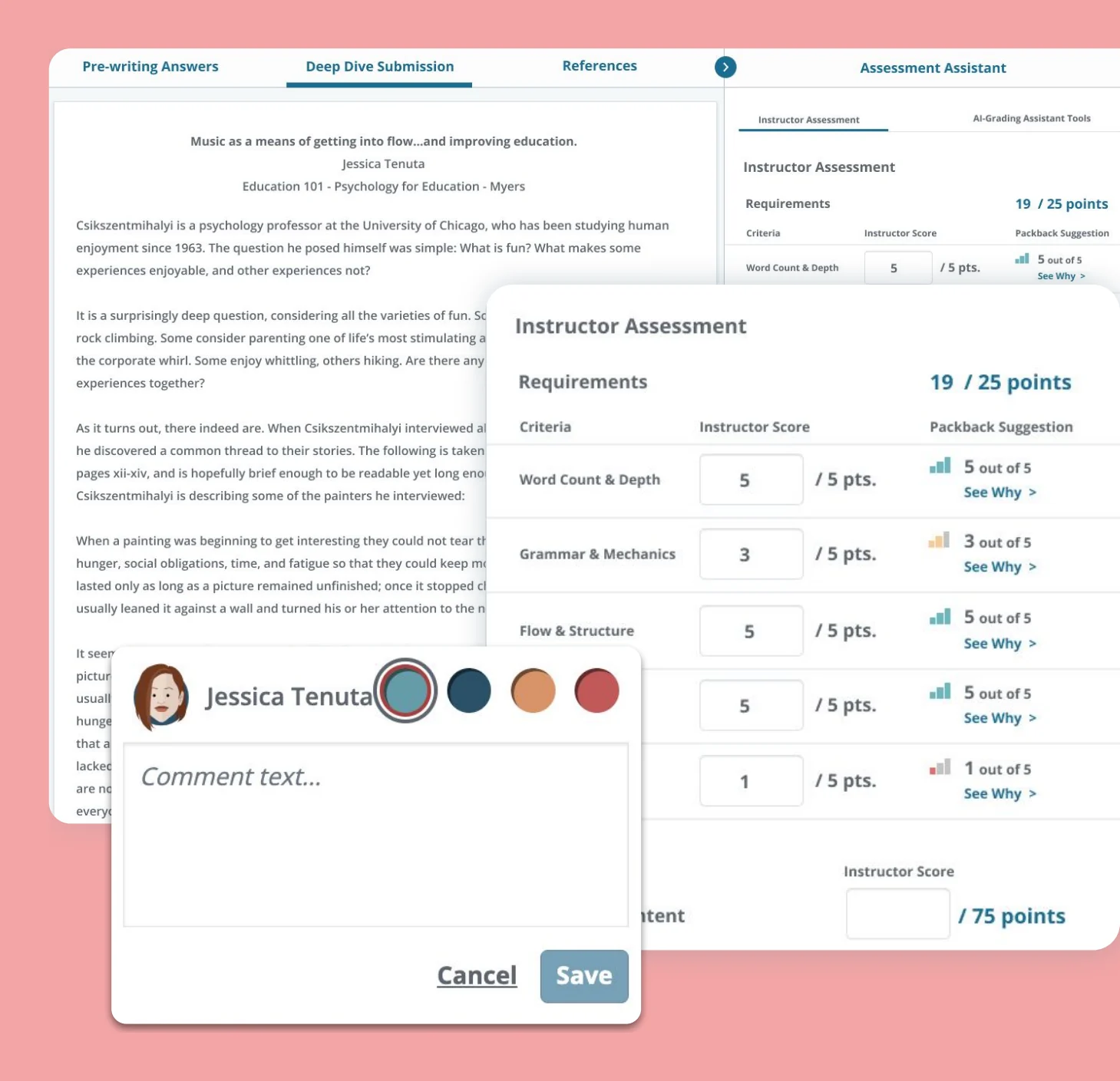 The Deep Dives grading view: a student essay beside the Instructor Assessment, showing Packback's suggested score for each mechanics category next to the instructor's score, with an inline comment box open.