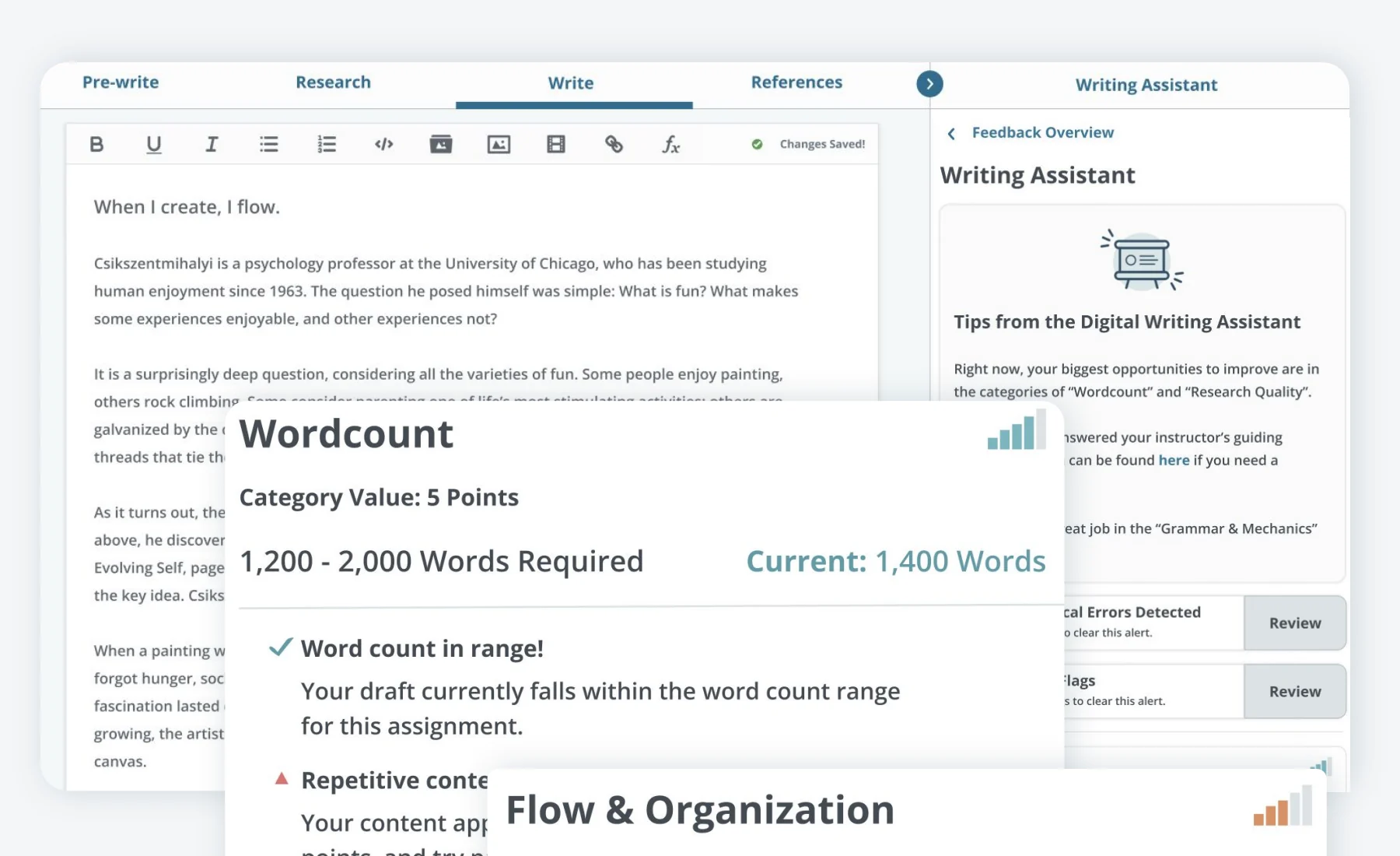 The Deep Dives writing view under a dark blue overlay: an essay in the editor with word count and flow feedback cards.