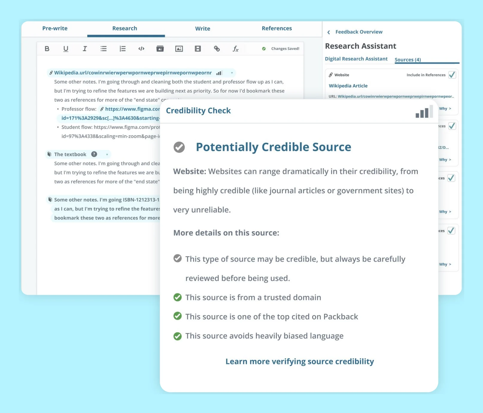 The Deep Dives research view: a student's sources beside the Research Assistant, with a credibility check card explaining why a website is rated potentially credible.