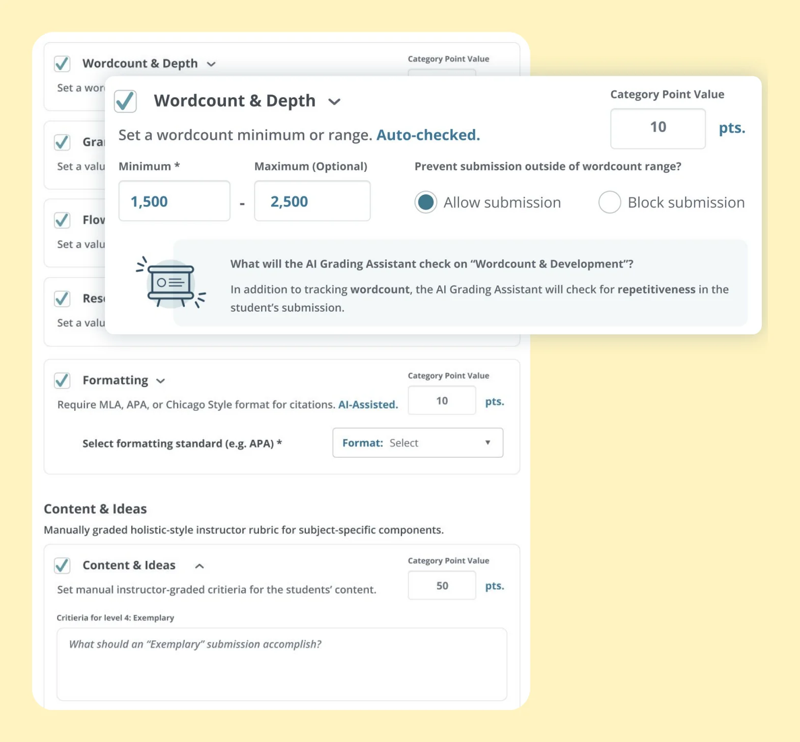 Deep Dives rubric setup: an instructor sets a word count range and points for Wordcount and Depth, with AI-assisted categories for grammar, flow, research quality and formatting, and a manually graded content and ideas section.