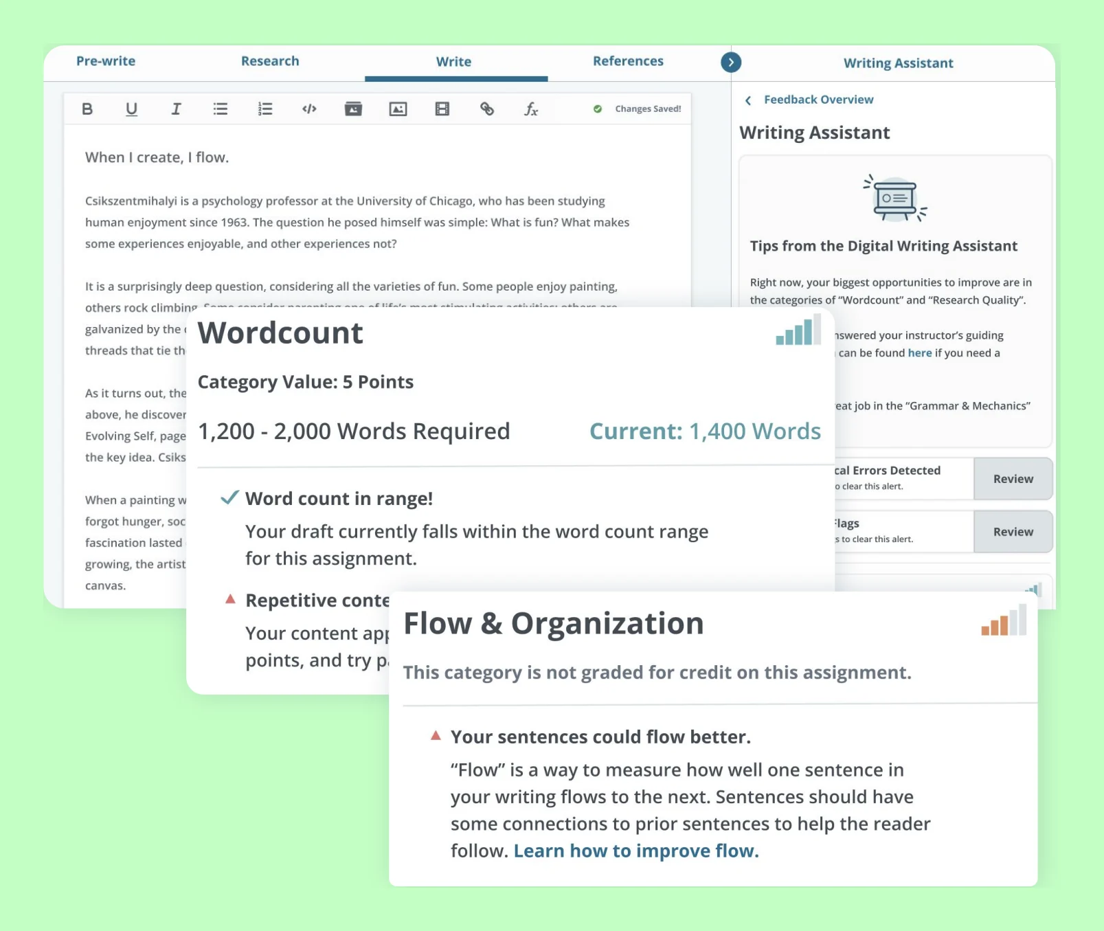 The Deep Dives writing view: an essay in the editor beside the Writing Assistant, with feedback cards for word count (in range, 1,400 of 1,200–2,000 words) and flow and organization (your sentences could flow better).