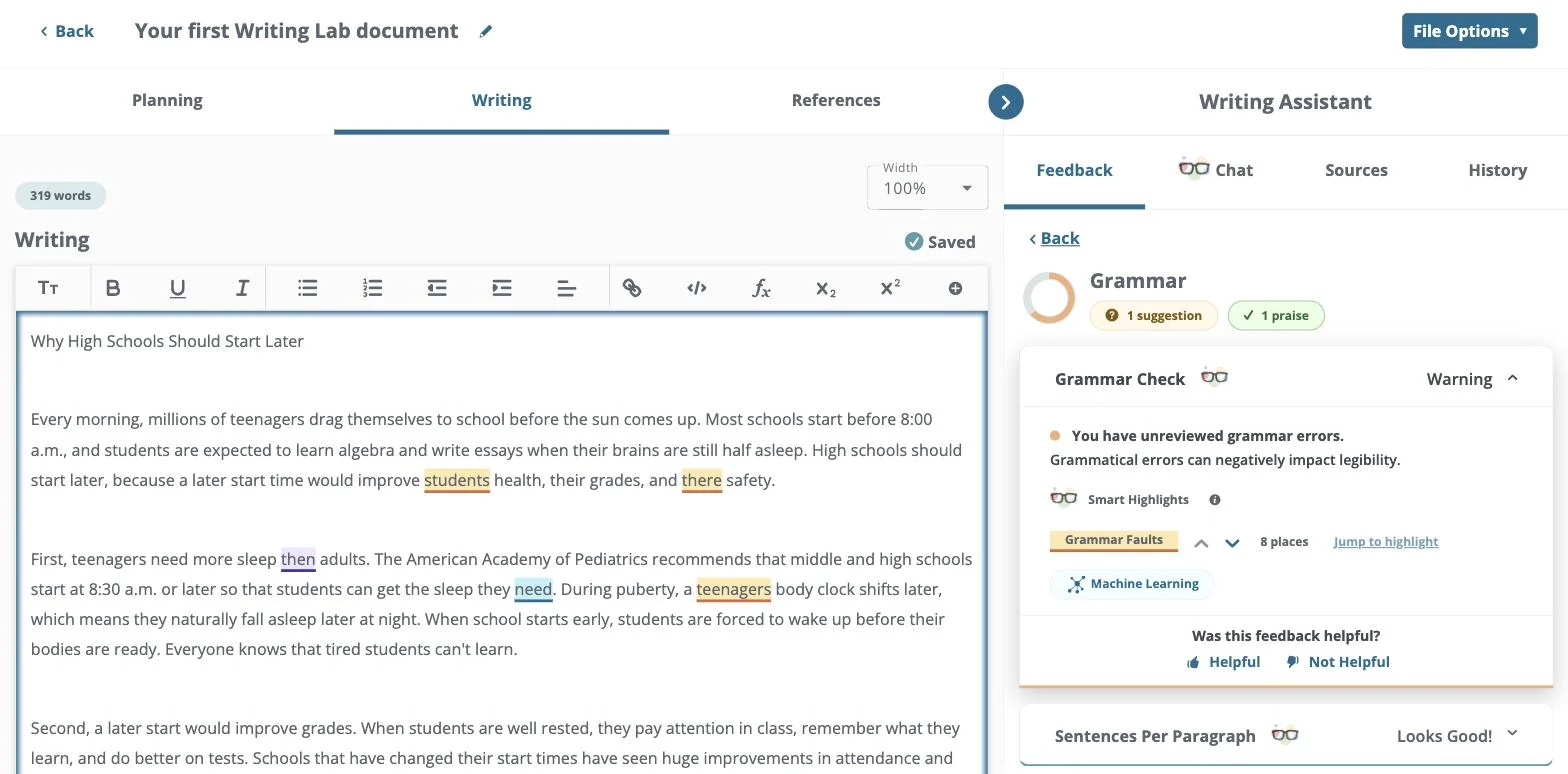 Writing Lab's Grammar Check open beside a persuasive essay, with Smart Highlights marking grammar faults in the text and a Machine Learning label on the feedback.