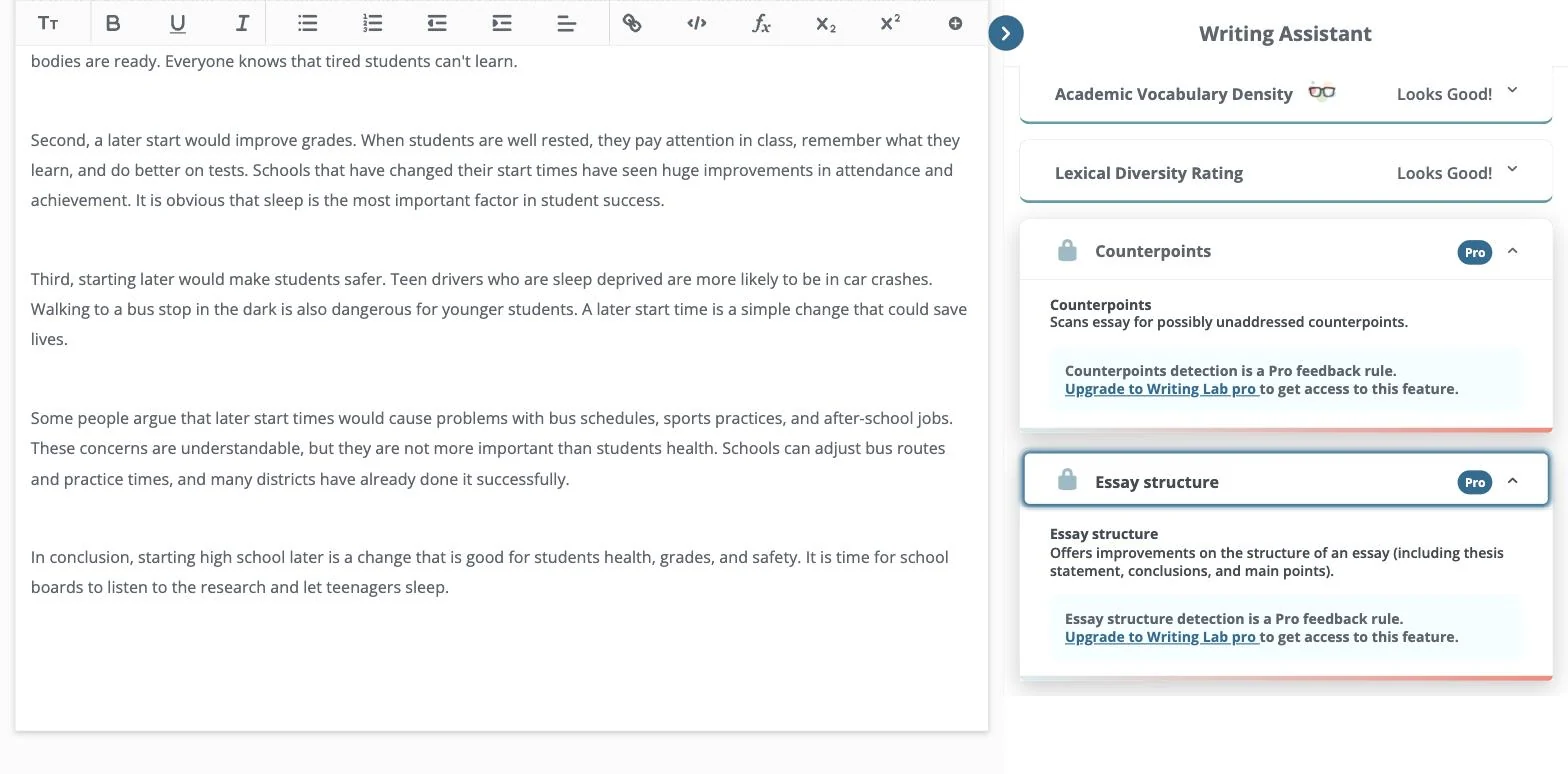 Writing Lab's Clarity feedback showing two Pro rules: Counterpoints, which scans an essay for possibly unaddressed counterpoints, and Essay structure, which offers improvements on thesis statements, conclusions and main points.