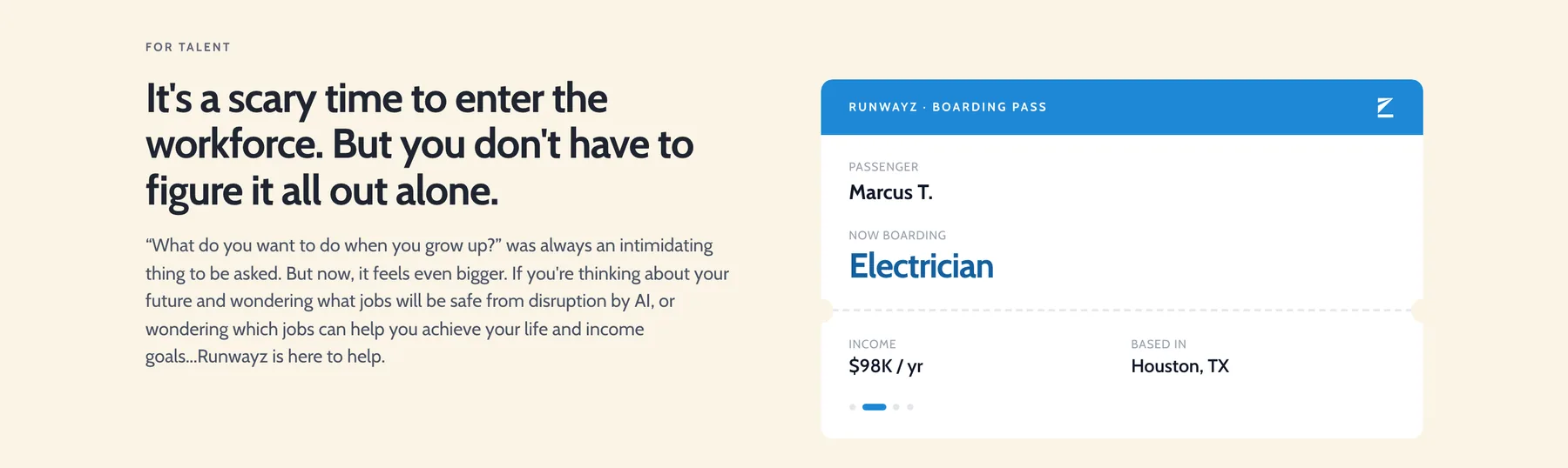 "It's a scary time to enter the workforce" beside a Runwayz boarding-pass card for an electrician career in Houston.