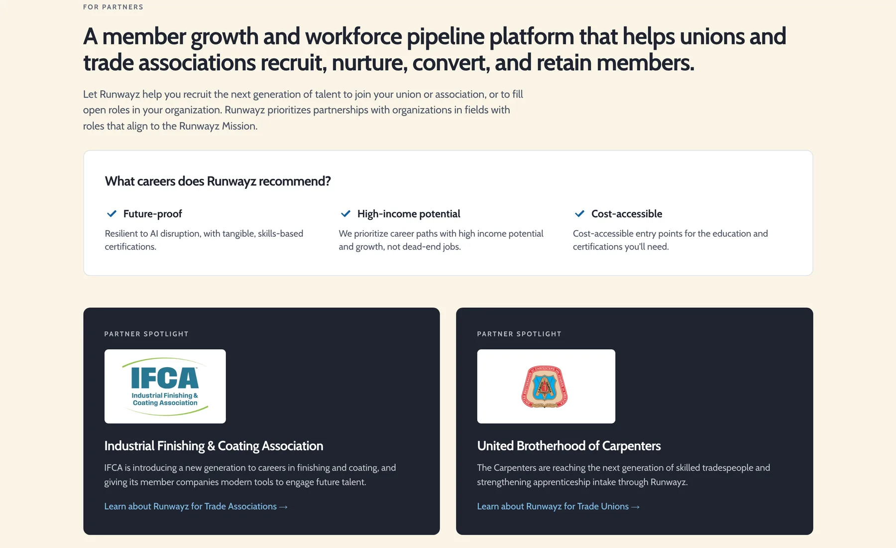 The organizations section, positioning Runwayz as a member growth and workforce pipeline platform, with partner spotlights for IFCA and the Carpenters.