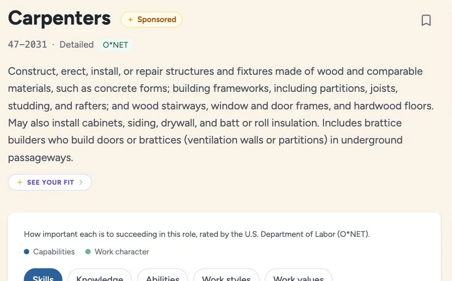The Carpenters career page, O*NET code 47-2031, with a description, an interest rating, Department of Labor skill ratings and a RIASEC interest profile.