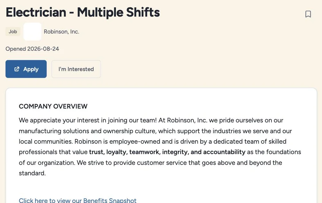 An opportunity page: Electrician, Multiple Shifts, at Robinson, Inc., with Apply and I'm Interested buttons and a company overview.