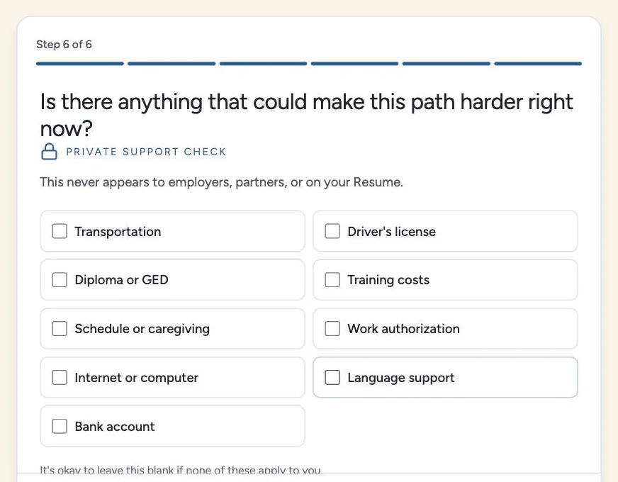 Onboarding step 6 of 6, a private support check: "Is there anything that could make this path harder right now?" with options like transportation, driver's license, diploma or GED, training costs, caregiving and work authorization. "This never appears to employers, partners, or on your Resume."