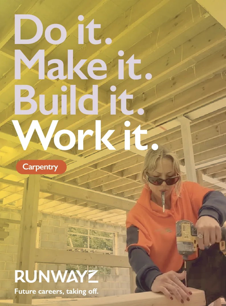 Runwayz poster: "Do it. Make it. Build it. Work it." over a carpenter using a drill, with a Carpentry chip.