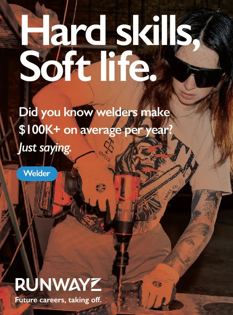 Runwayz poster: "Hard skills, Soft life." over a welder at work, with "Did you know welders make $100K+ on average per year? Just saying." and a Welder chip.